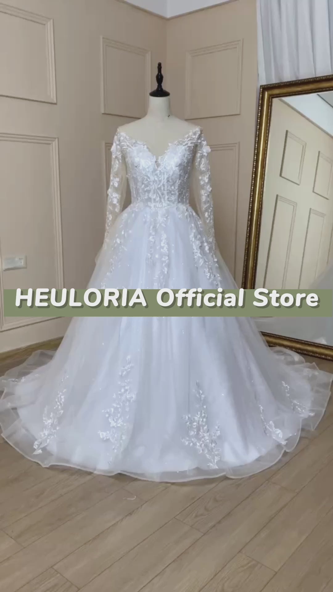 HEULORIA long sleeve sweetheart lace beading wedding dress plus size shinny lace princess ball gown wedding dress BA-559