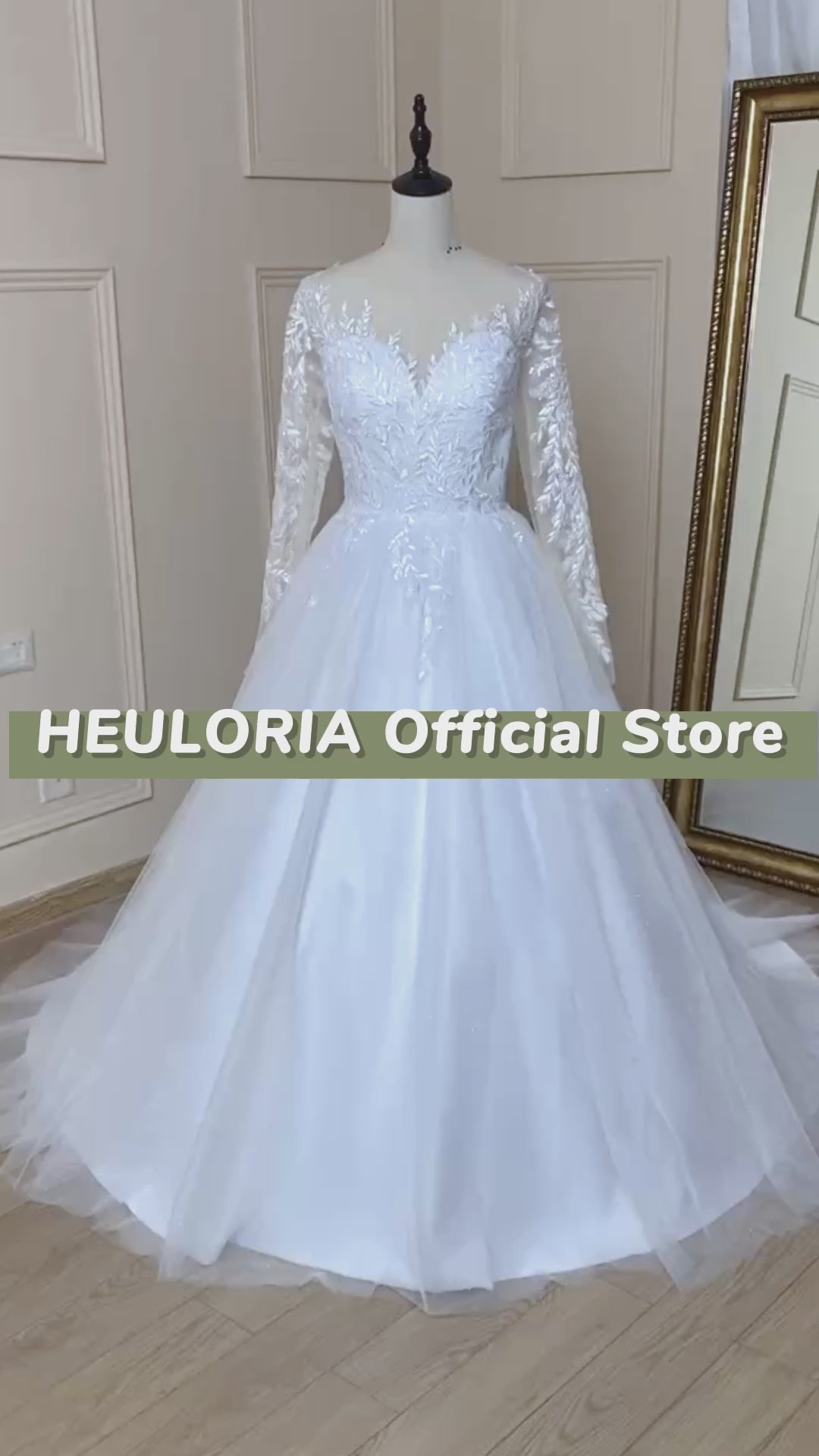 HEULORIA elegant A line long sleeve Court Train Tulle Lace Wedding Dress With Sequins AL-540