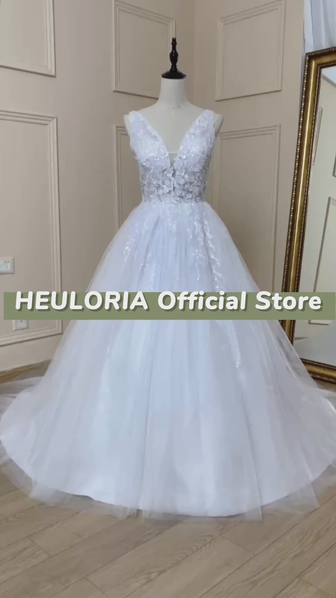HEULORIA A-line V-Neck Sweep Train Lace Tulle Wedding Dress With Sequins Beading AL-536