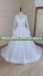 HEULORIA Illusion Bateau Long Sleeve Lace Ball Gown Wedding Dress with Cathedral Train BA-640