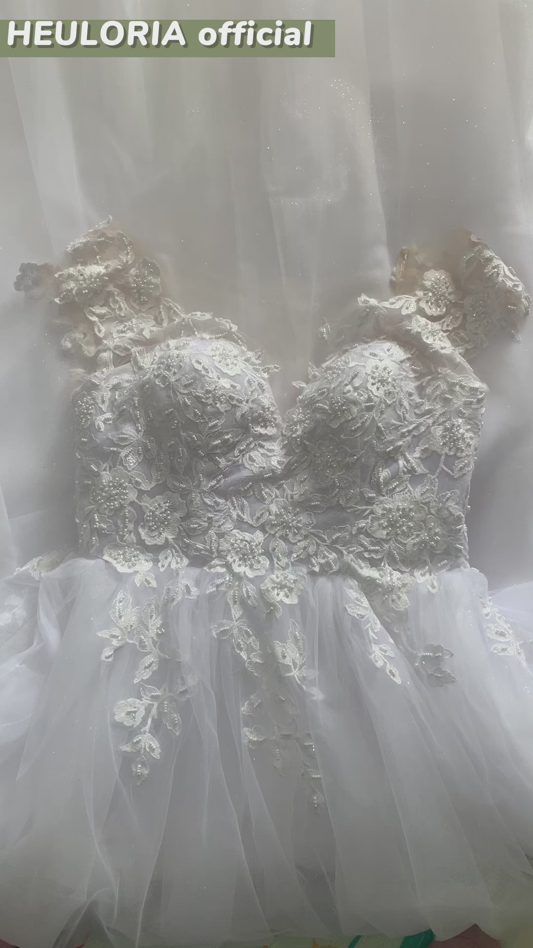 HEULORIA 3D Floral Lace A-Line Wedding Dress with Illusion V-Neck & Romantic Cap Sleeves AL-1042