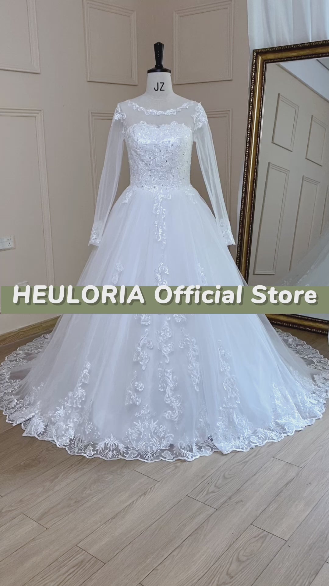 HEULORIA Princess Ball Gown Wedding Dress long sleeve bride dress O neck plus size robe de mariee Lace beading Bridal Gown BA-641