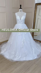 HEULORIA V-Neck Lace Appliqué Ball Gown Wedding Dress with Long Train BA-609
