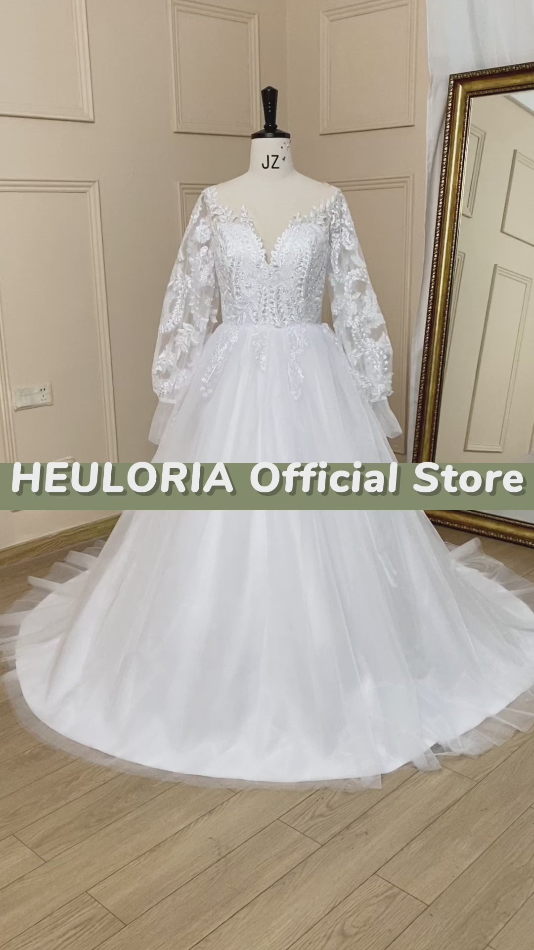 HEULORIA A-line Scoop Illusion Court Train Lace Tulle Wedding Dress With Sequins AL-710A