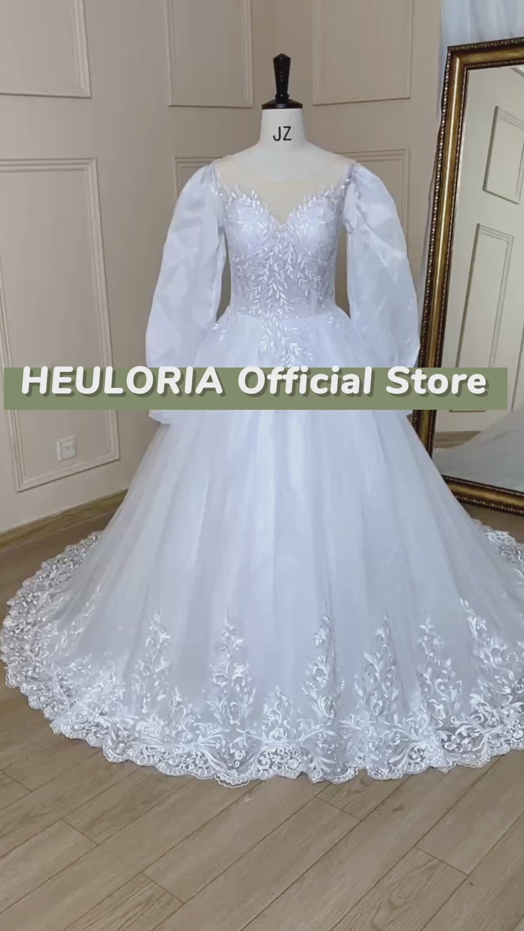 HEULORIA elegant Princess wedding dress long puff sleeve lace applique bride dress Robe De Mariee Wedding Bride Dress long train BA-624