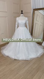 Square Neck 3D Floral Glitter Lace Long Sleeve Corset Ball Gown Wedding Dress BA-774