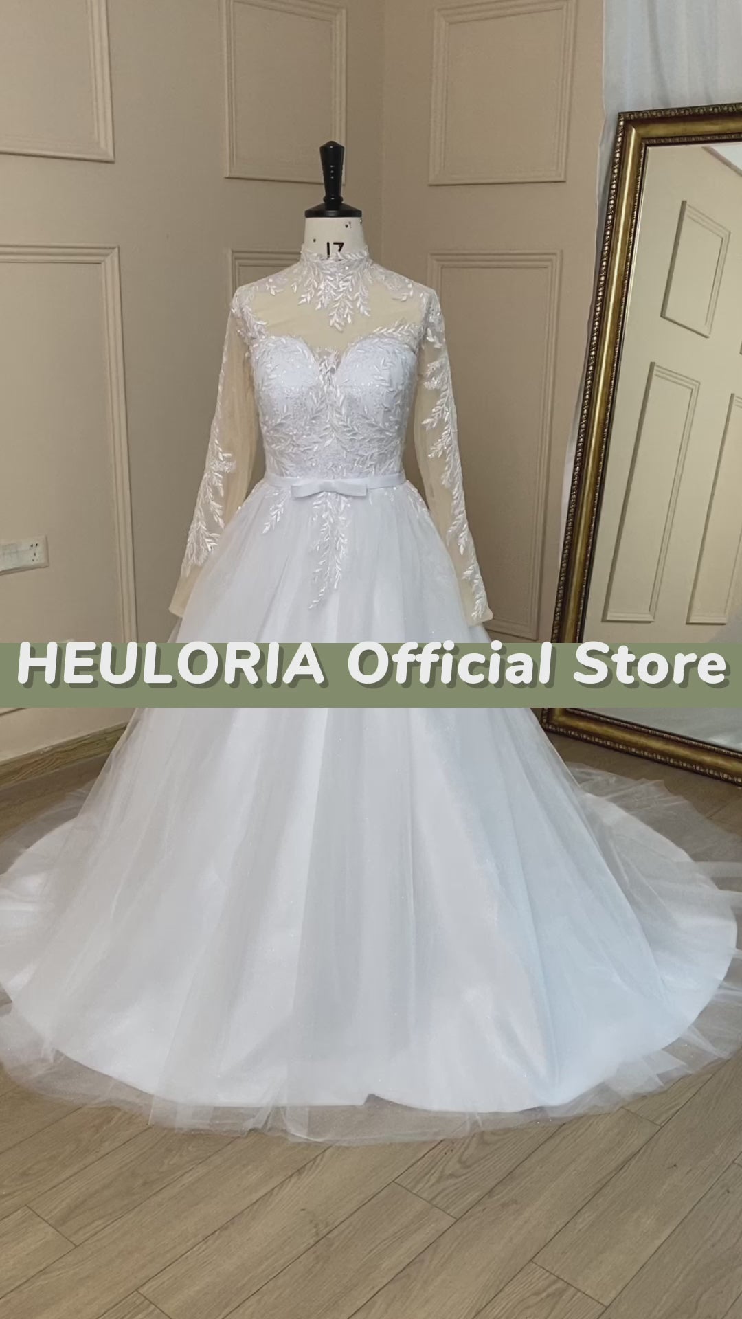 HEULORIA elegant A line long sleeve Court Train Tulle Lace Wedding Dress With Sequins  AL-673