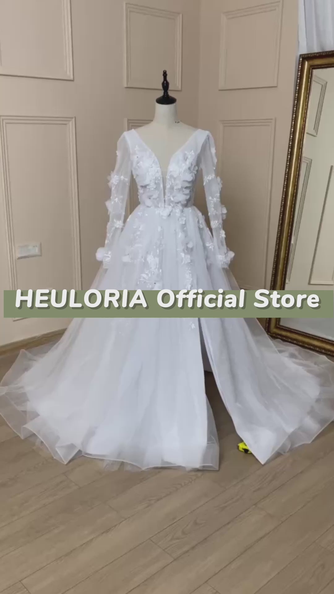 HEULORIA elegant A line V neck long sleeve Court Train Tulle Lace Wedding Dress With Flower 3D Floral Sequins Beading AL-533