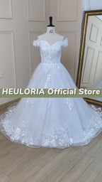 Vintage Off-Shoulder Lace Appliqué A-Line Wedding Dress with Lace-Up Back A-696