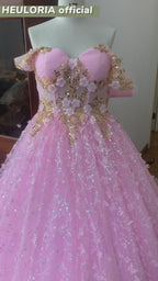 HEULORIA 3D Floral Applique Quinceañera Ball Gown Dress with Sweetheart Off Shoulder Sheer Cape Sleeves BA-28