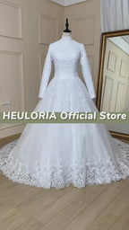 HEULORIA High Neck Lace Long Sleeve Ball Gown Wedding Dress with Cathedral Train BA-575