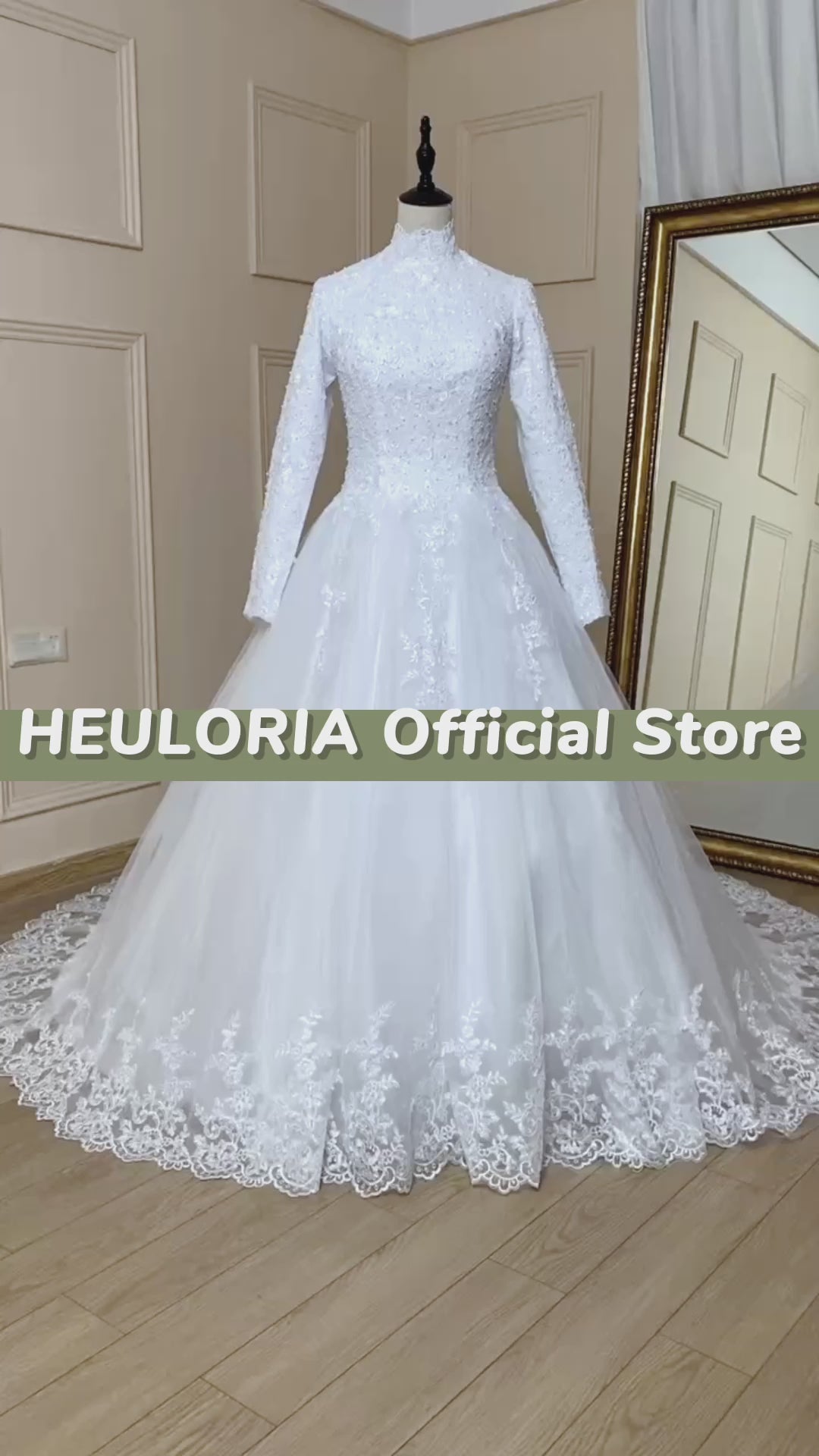 HEULORIA princess Wedding Dress long sleeve high neck bride dress lace beading Plus size muslim wedding gown court train BA-575