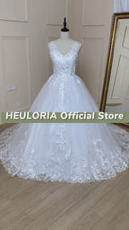 HEULORIA V-Neck Lace Appliqué Sequin Ball Gown Wedding Dress BA-537