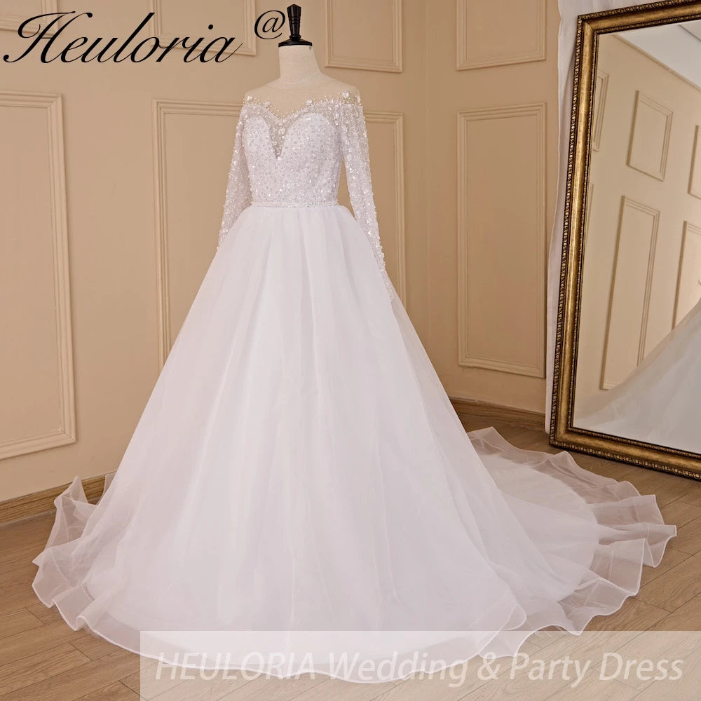 HEULORIA Ball-Gown/Princess long sleeve Chapel Train Lace Tulle Wedding Dress With Sequins Beading BA-715