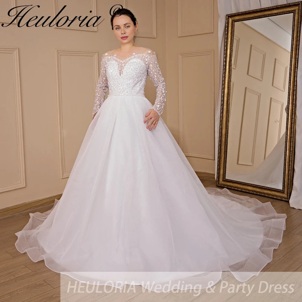 HEULORIA Ball-Gown/Princess long sleeve Chapel Train Lace Tulle Wedding Dress With Sequins Beading BA-715A