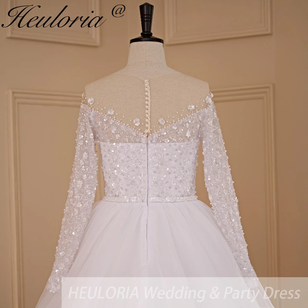 HEULORIA Ball-Gown/Princess long sleeve Chapel Train Lace Tulle Wedding Dress With Sequins Beading BA-715