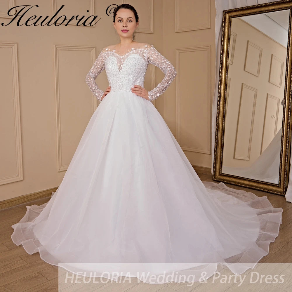 HEULORIA Ball-Gown/Princess long sleeve Chapel Train Lace Tulle Wedding Dress With Sequins Beading BA-715A