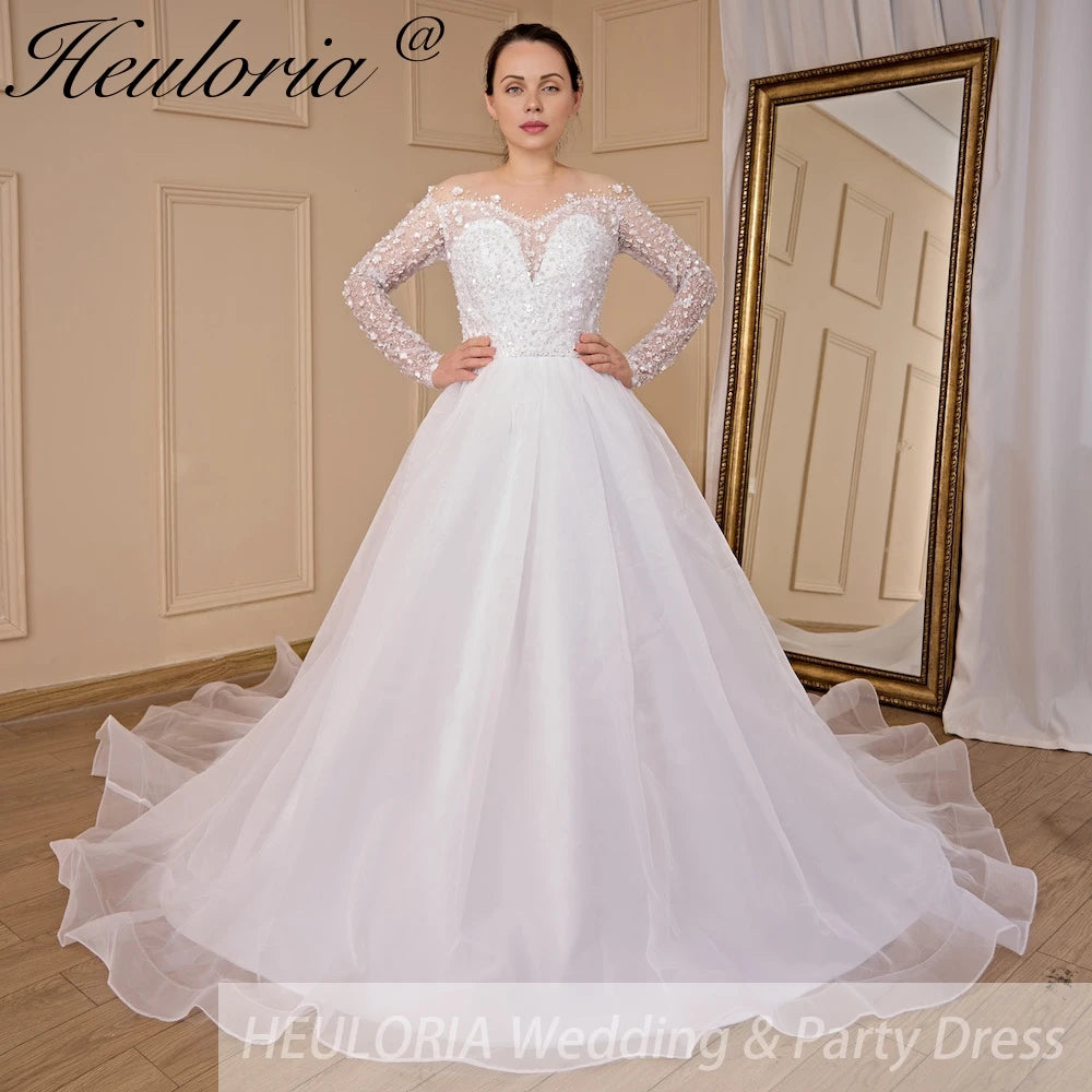 HEULORIA Ball-Gown/Princess long sleeve Chapel Train Lace Tulle Wedding Dress With Sequins Beading BA-715A