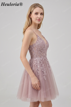 HEULORIA Heuloria Short A-Line Tulle Homecoming Dress with Beaded Lace and Illusion V-Neck ED-343