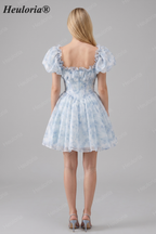 HEULORIA Romantic Floral Puff Sleeve Square Neck Mini Dress with Corset Waist ED-592