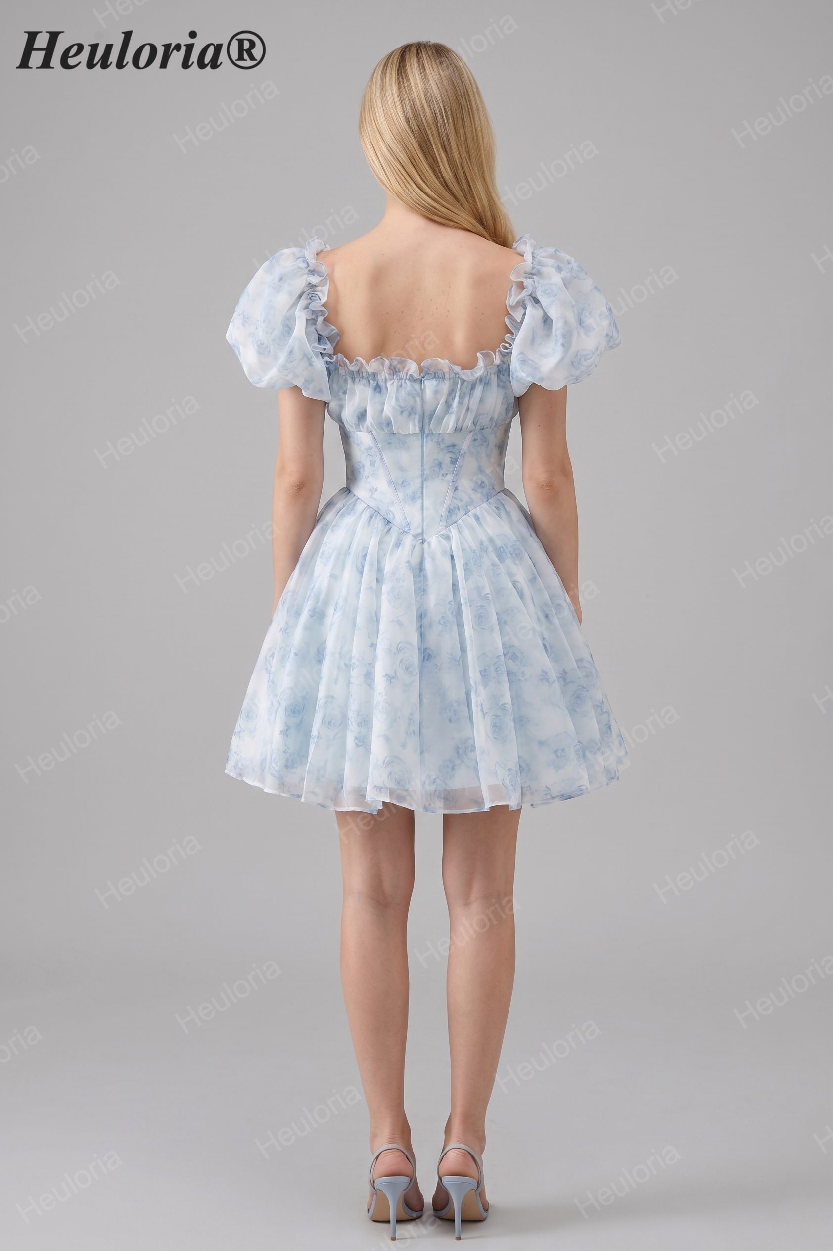 HEULORIA Romantic Floral Puff Sleeve Square Neck Mini Dress with Corset Waist ED-592