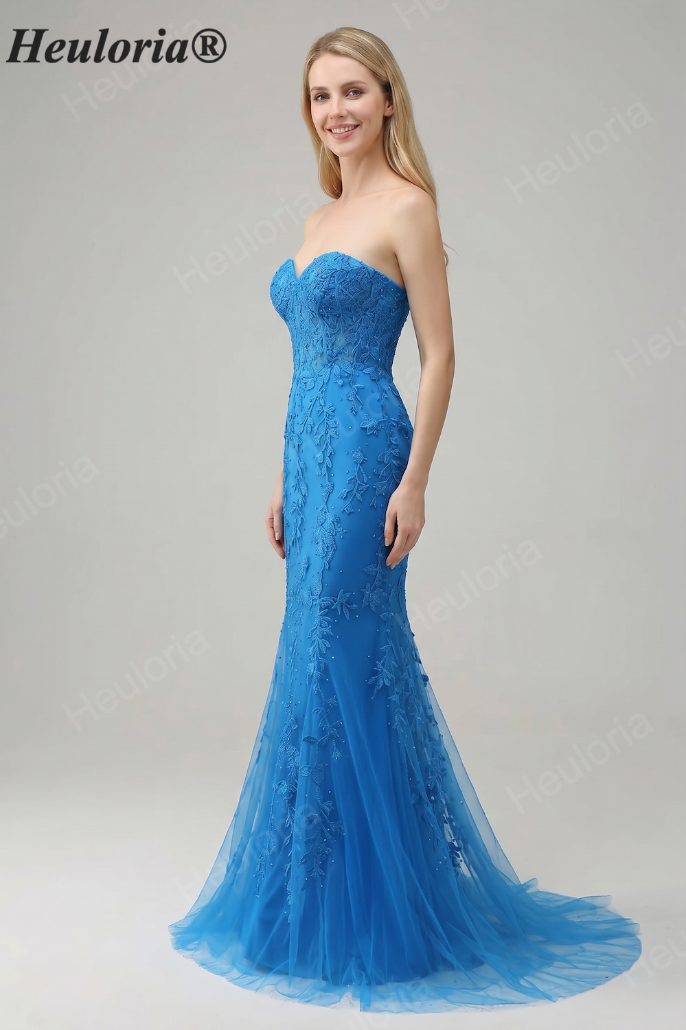 HEULORIA Elegant Strapless Sweetheart Floral Lace Mermaid Evening Gown with Corset Back ED-367