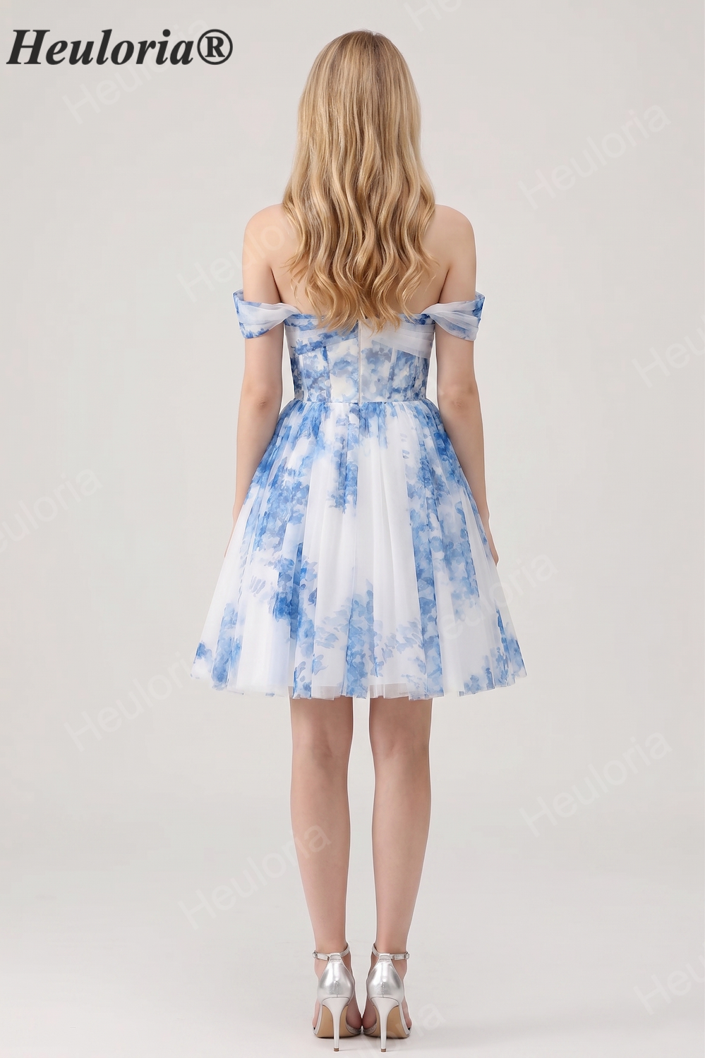HEULORIA French Chic Blue and White Floral Tulle Mini Party Dress - Convertible Off-the-Shoulder A-Line Cocktail Gown ED-656