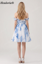 HEULORIA French Chic Blue and White Floral Tulle Mini Party Dress - Convertible Off-the-Shoulder A-Line Cocktail Gown ED-656