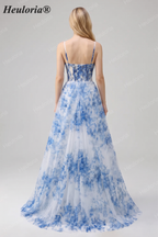 HEULORIA Blue Watercolor Floral Chiffon A-Line Prom Dress with Cowl Neck and Corset Bodice ED-511