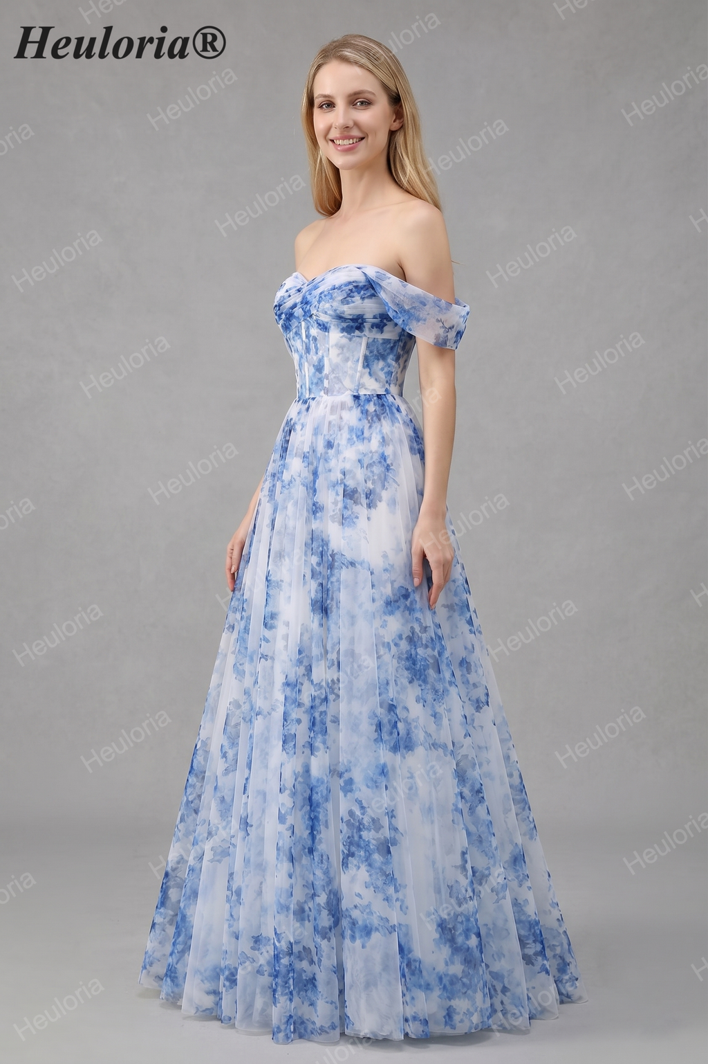 Heuloria Dreamy Blue Floral Strapless Tulle Prom Dress with High Slit and Corset Bodice ED-509