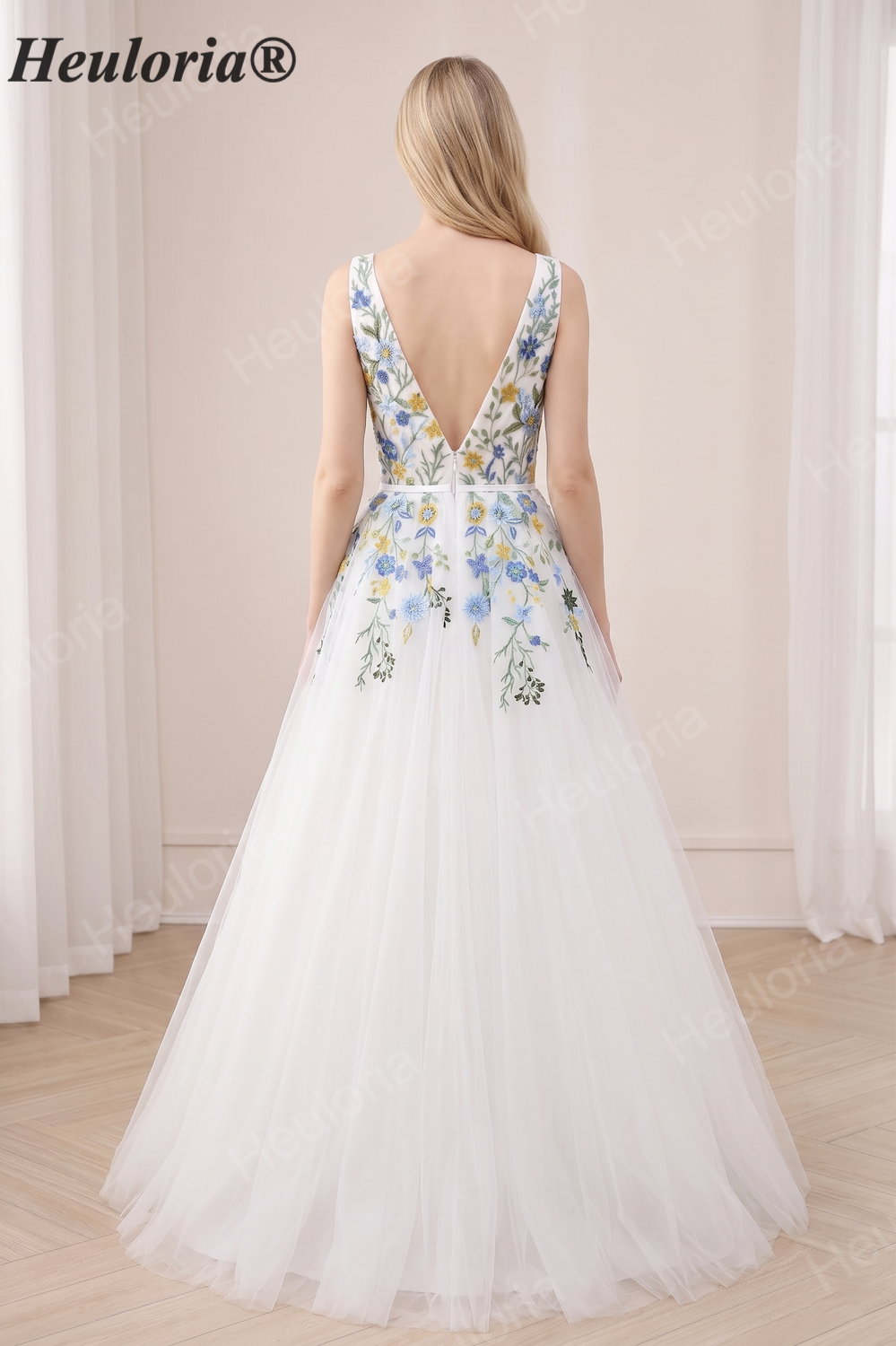HEULORIA Whimsical Colorful Floral Embroidery Deep V-Neck Tulle A-Line Wedding & Prom Dress ED-668 Image secondaire du produit