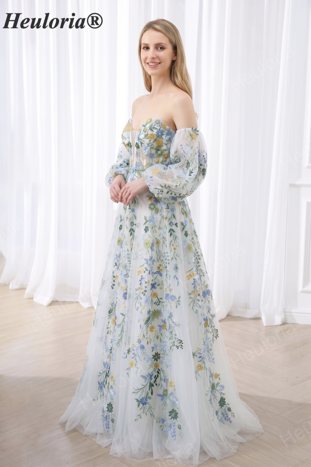 HEULORIA Romantic Off-The-Shoulder Floral Embroidered Puff Sleeve Tulle A-Line Gown ED-667 Imagen secundaria del producto