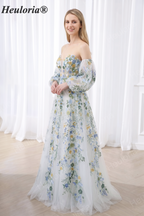 HEULORIA Romantic Off-The-Shoulder Floral Embroidered Puff Sleeve Tulle A-Line Gown ED-667