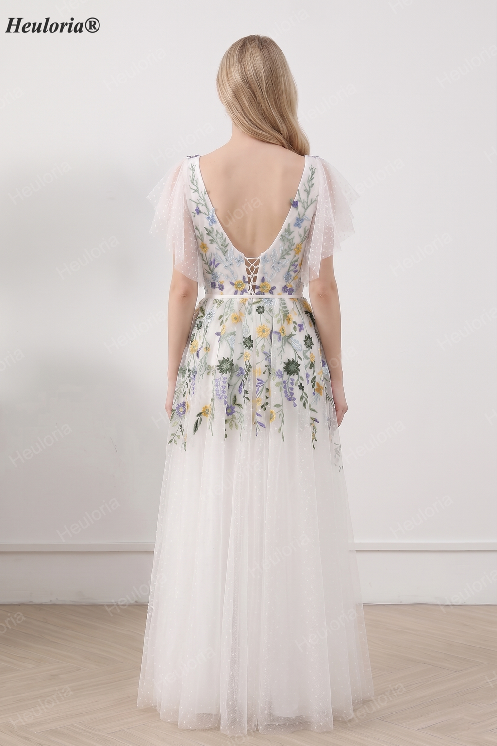 HEULORIA Whimsical Multi-Color Floral Embroidered A-Line Gown with Flutter Sleeves and Swiss Dot Tulle ED-681