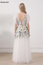 HEULORIA Whimsical Multi-Color Floral Embroidered A-Line Gown with Flutter Sleeves and Swiss Dot Tulle ED-681