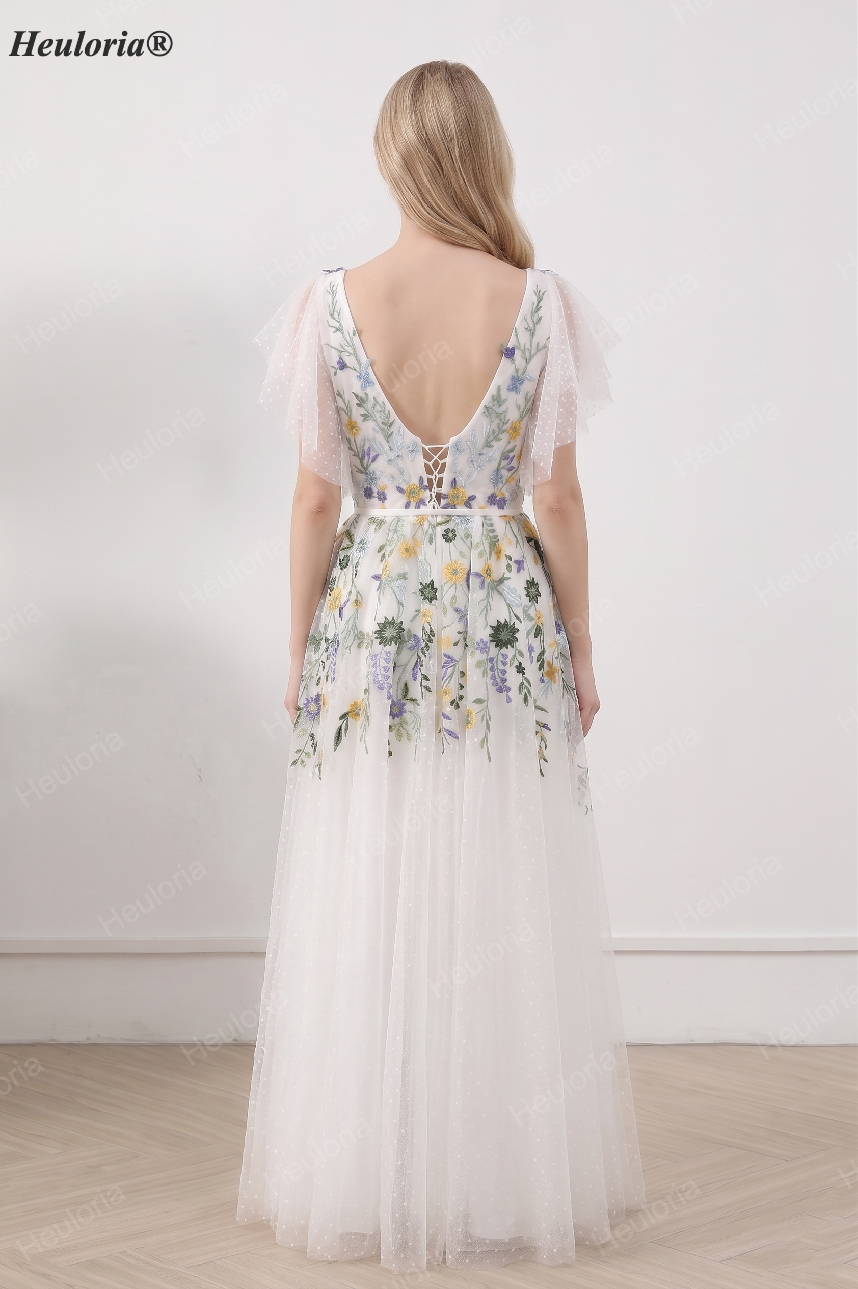 HEULORIA Whimsical Multi-Color Floral Embroidered A-Line Gown with Flutter Sleeves and Swiss Dot Tulle ED-681