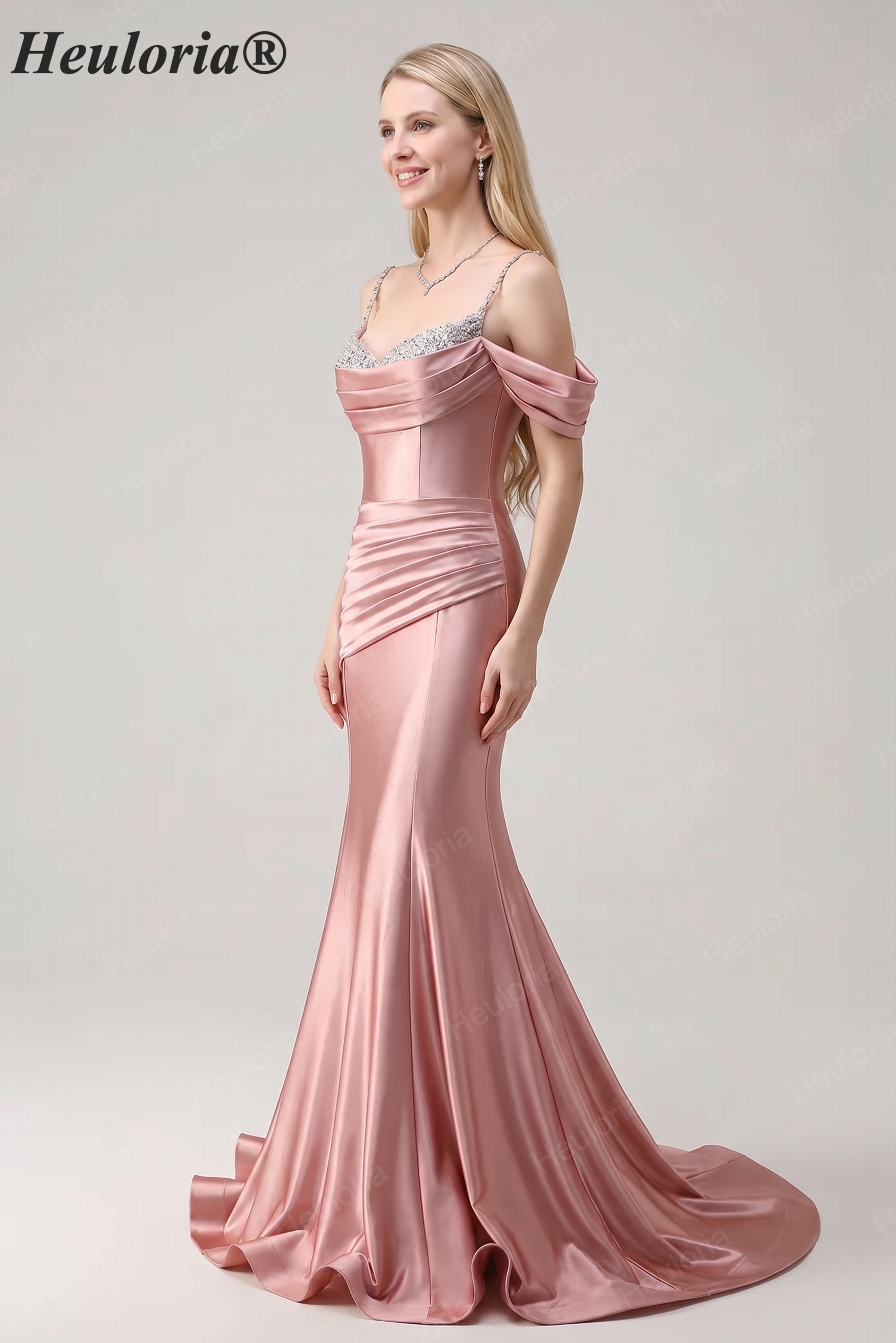 HEULORIA Elegant Ruched Satin Mermaid Evening Gown with Crystal Embellished Straps & Off-the-Shoulder Sleeves ED-349