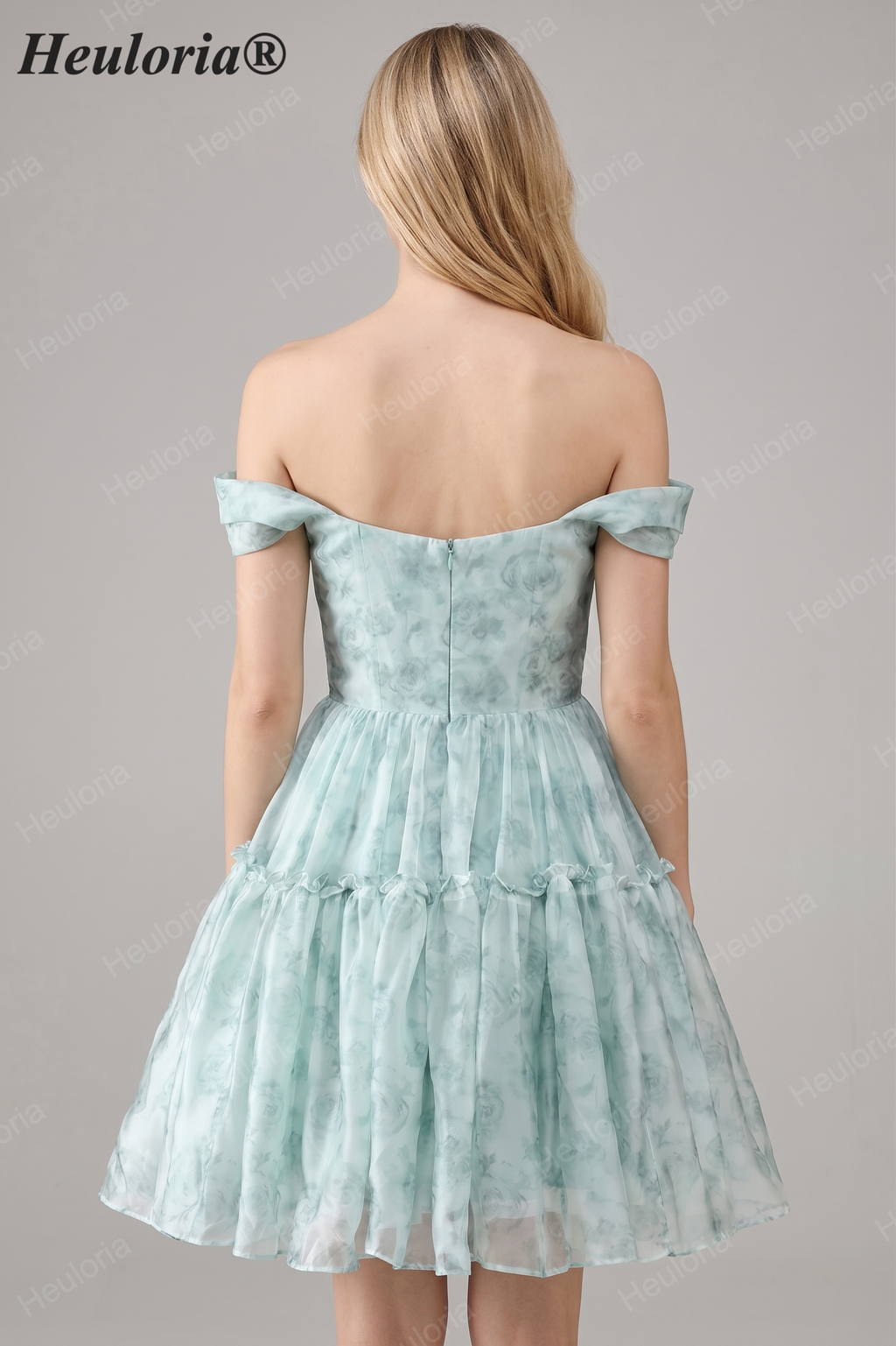 HEULORIA Ethereal Watercolor Floral Off-the-Shoulder Tiered Mini Dress ED-600
