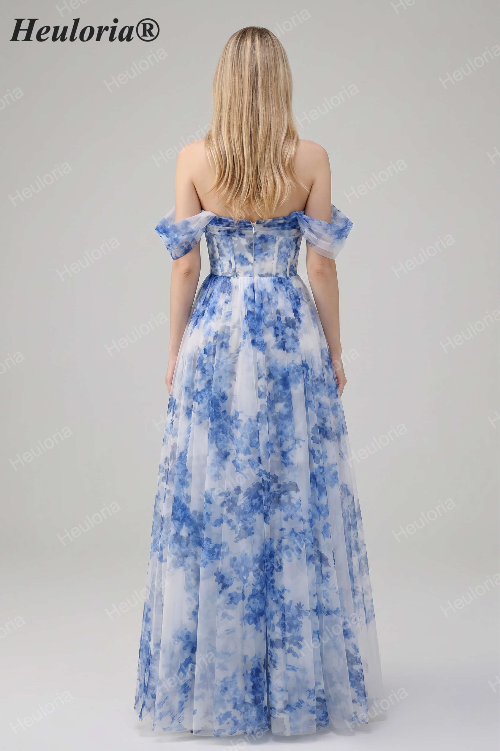 Heuloria Dreamy Blue Floral Strapless Tulle Prom Dress with High Slit and Corset Bodice ED-509