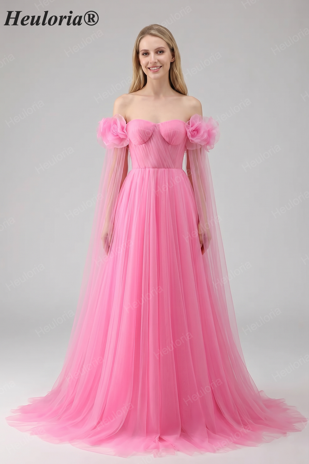Heuloria Romantic Off-the-Shoulder Pink Tulle Prom Dress with 3D Floral Sleeves & Ruched Bodice ED-512