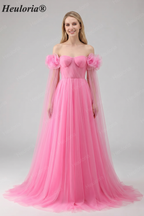 Heuloria Romantic Off-the-Shoulder Pink Tulle Prom Dress with 3D Floral Sleeves & Ruched Bodice ED-512