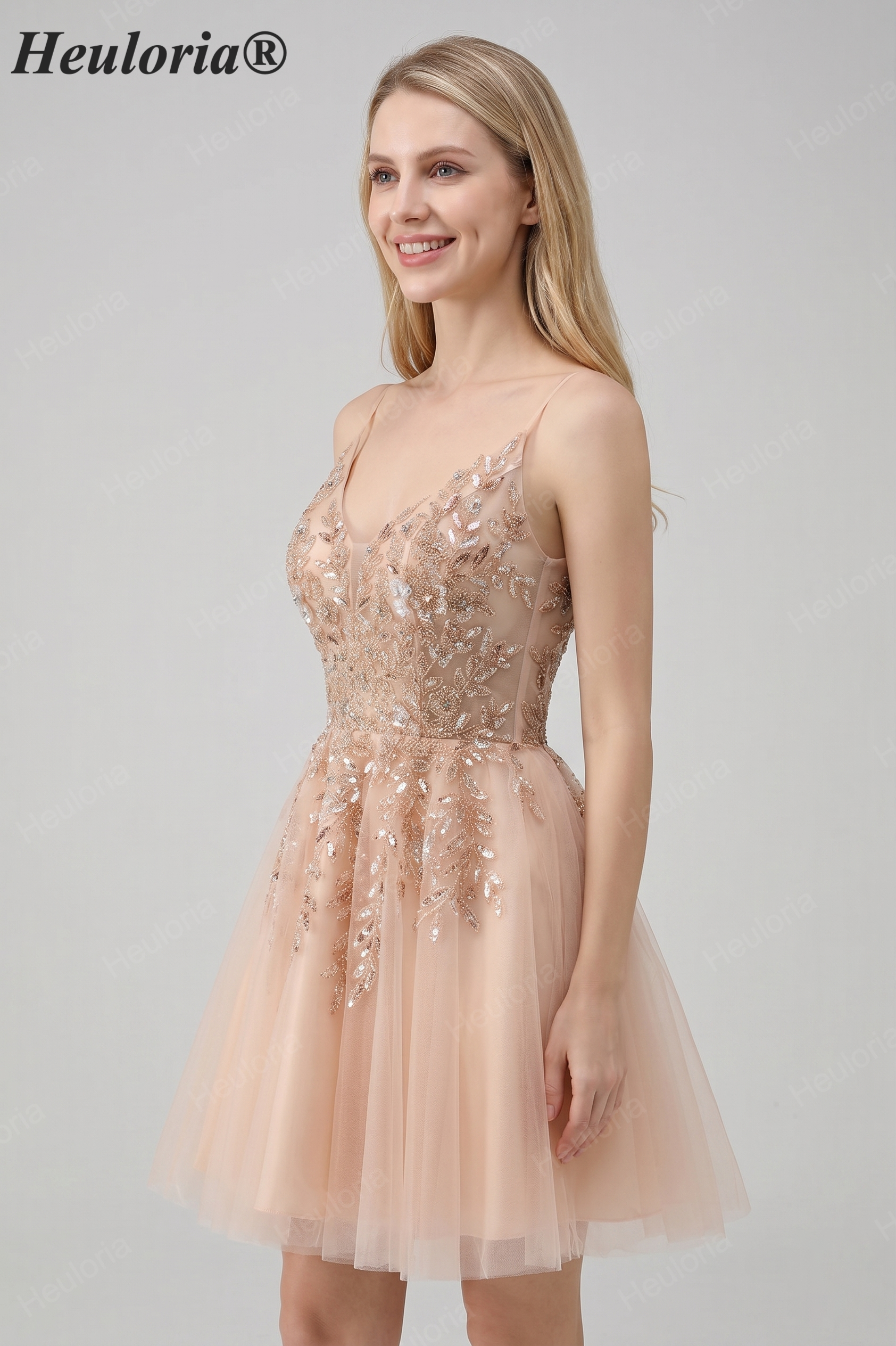 HEULORIA Blush A Line Spaghetti Straps Sequin Tulle Homecoming Dress with Beading ED-311