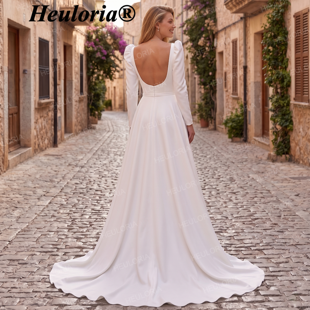 HEULORIA Elegant Square Neck Long Puff Sleeve High Slit Minimalist Wedding Dress AL-206