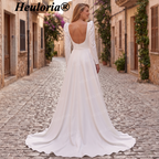 HEULORIA Elegant Square Neck Long Puff Sleeve High Slit Minimalist Wedding Dress AL-206