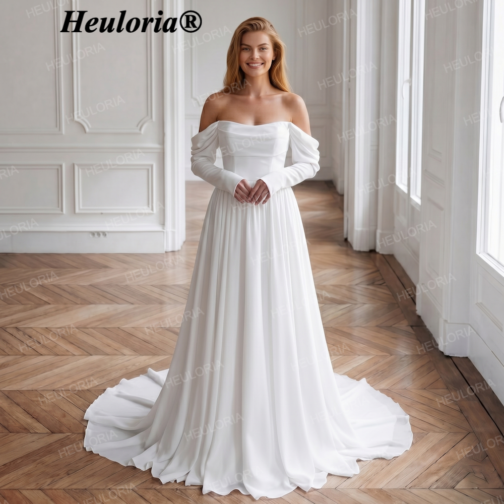 HEULORIA Elegant Off-the-Shoulder Long Sleeve A-Line Wedding Dress with Button-Back Detail AL-QK234 Main image