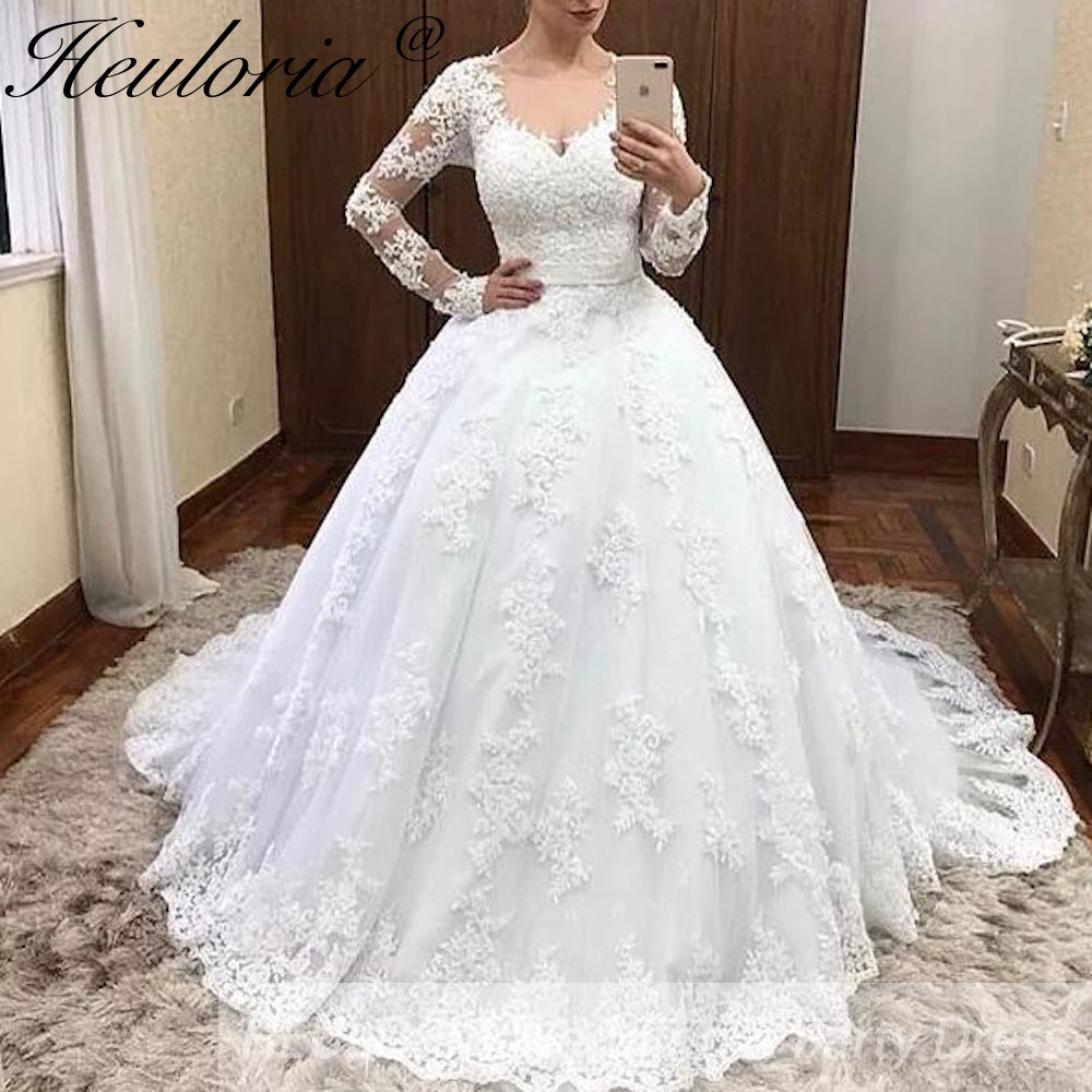 Princess Wedding Dress long sleece v neck lace bride dress plus size robe de mariee Lace beading Wedding Bridal Gown BA-85