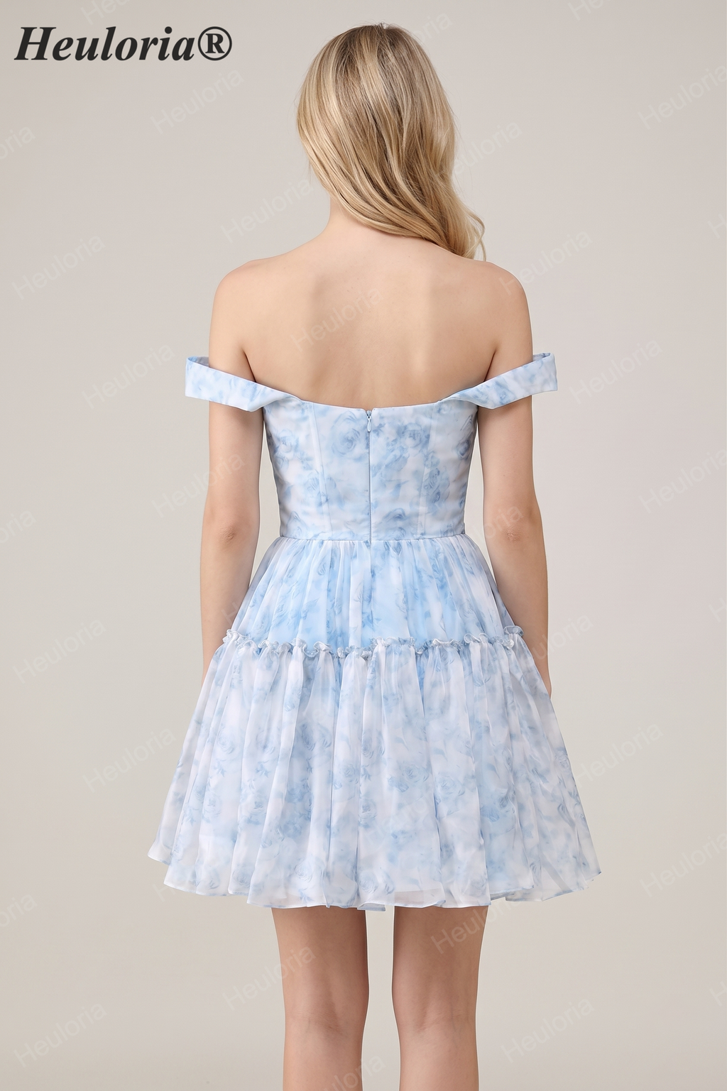 HEULORIA Ethereal Watercolor Floral Off-the-Shoulder Tiered Mini Dress ED-600