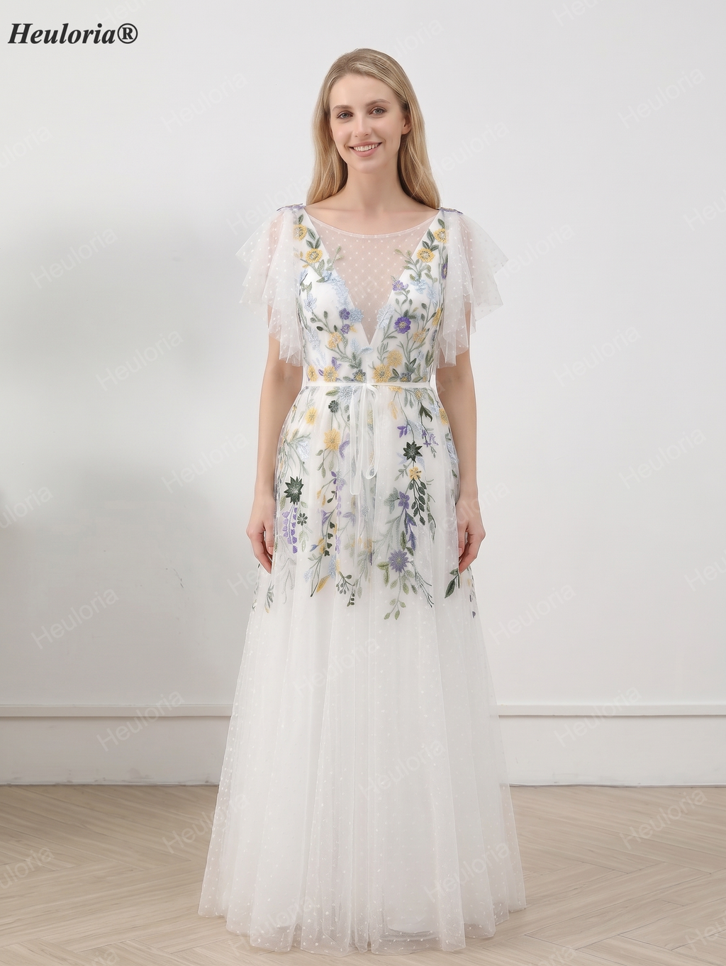 HEULORIA Whimsical Multi-Color Floral Embroidered A-Line Gown with Flutter Sleeves and Swiss Dot Tulle ED-681