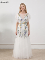 HEULORIA Whimsical Multi-Color Floral Embroidered A-Line Gown with Flutter Sleeves and Swiss Dot Tulle ED-681