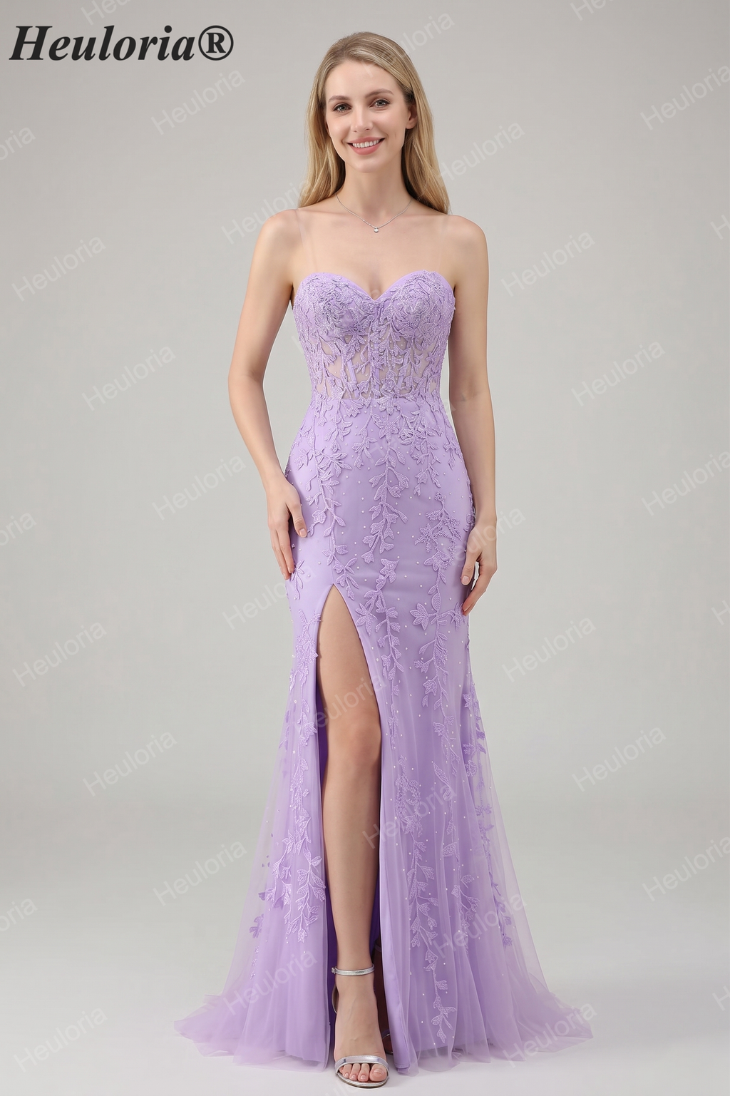 HEULORIA Enchanting Lavender Lace Mermaid Prom Dress with Slit and Corset Back ED-237